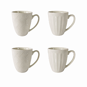 KIT CANECA CERAMICA SORTIDA BRANCA C/4 PEÇAS