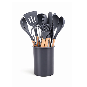 KIT UTENSILIOS SILICONE CINZA CABO MADEIRA C/12 PCS