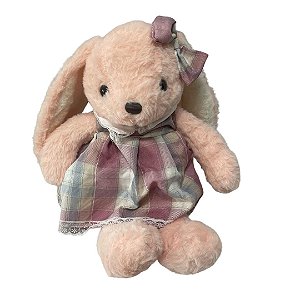 COELHO PELUCIA ROSA FEMEA C/VESTIDO E LACO XADREZ 45CM