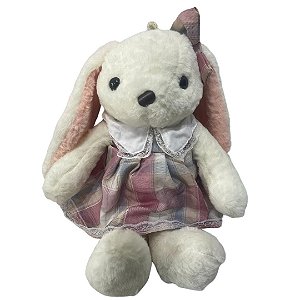 COELHO PELUCIA BRANCO FEMEA C/VESTIDO E LACO XADREZ 60CM
