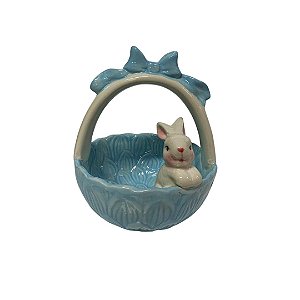 CESTINHA PASCOA CERAMICA C/COELHO 13X13X16CM AZUL