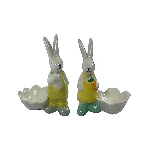 ENFEITE PASCOA COELHO C/ CESTINHA CERAMICA 11,5CM SORTIDO