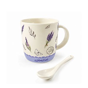 CANECA CERAMICA ESTAMPA SORTIDA LAVANDA C/ COLHER NA CAIXA 340ML