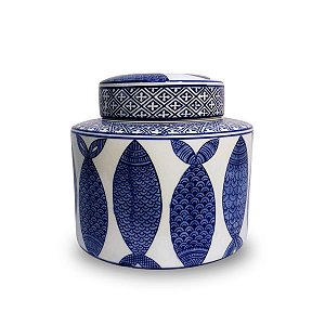 Potiche Decorativa em Cerâmica Porutugesa Peixes Azul 18x19 cm