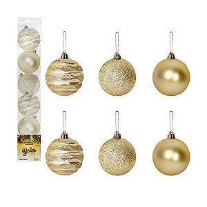 Bolas de Natal Mistas Foscas e Glitter Dourada 6cm 6 Unidades ATEF