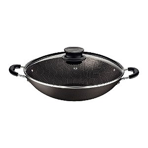 Wok Tramontina Paris em Alumínio com Rev. Interno e Externo em Antiaderente Starflon Max Chumbo com Tampa de Vidro 32 cm