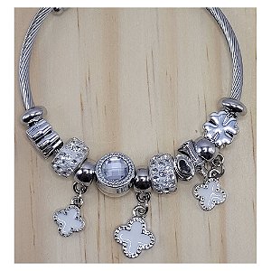 Bracelete Berloques Prateado Aço Inox