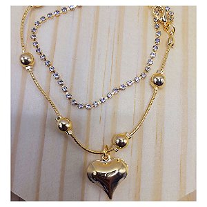 Pulseira Folheada a Ouro 18K com detalhes em cristais e pingente de coração