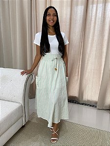 Saia Longa Palha Listras Verde Água Cordão c/ Bolsos
