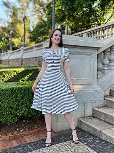 Vestido Ana Listrado Preto Elegante Midi