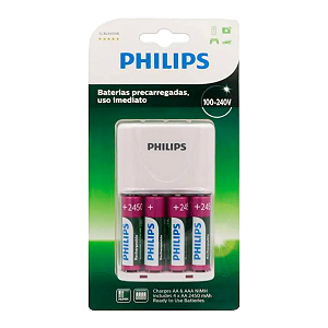 Carregador De Pilhas Philips Com 4 Pilhas Recarregáveis AA Pequena