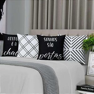 Kit 4 Almofadas Cheias 45x45 Veludo Preto E Branco Frases