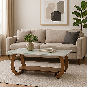 Mesa de Centro Para Sala Escritório Retangular GrandeTampo de Vidro Laca Off-White Moderna