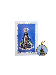 Medalha Redonda Dourada Nossa Senhora Aparecida com Folheto de Oração