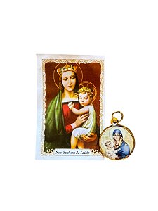 Medalha Redonda Dourada Nossa Senhora da Saúde com Folheto de Oração