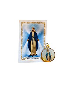 Medalha Redonda Dourada Nossa Senhora das Graças com Folheto de Oração