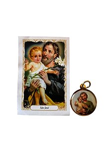 Medalha Redonda Dourada São José com Folheto de Oração