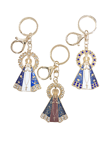 Chaveiro Coração Nossa Senhora Aparecida com Strass Dourado e Gancho