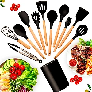 Kit 12 Peças Conjunto Utensílios Cozinha em Silicone Cabo de Madeira