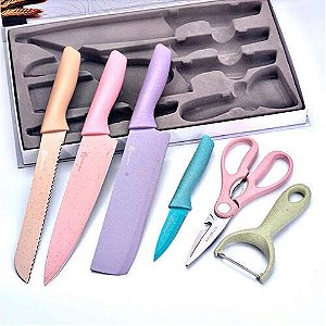 Conjunto Jogo Facas Coloridas 6 Peças Inox Kit Culinário Faqueiro