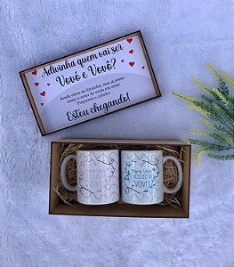 Caixa de Revelação de Bebê a Caminho para os Avós com 2 Canecas Brancas Personalizadas