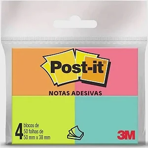 Bloco Adesivo Post-it 4 Cores 38mmx50mm Com 200fls - 3M