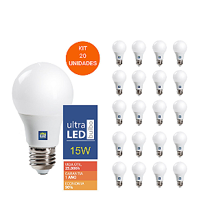 Kit 20 Lâmpada Led 15w 6500k Bulbo E27 Branco Frio Bivolt 110/220