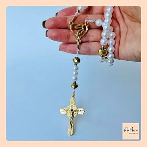 Terço Coração de Maria e São Bento Branco Dourado