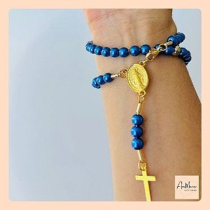 Pulseira Terço Azul Dourada