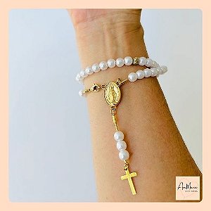 Pulseira Terço Branca Dourada
