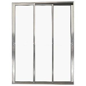 Porta de Correr 3 Folhas Móveis com Fecho - Vidro Liso Panorâmico - Alumínio Brilhante - Linha 25