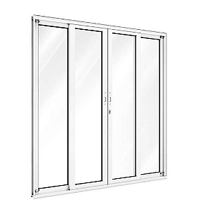 Porta de Correr 4 Folhas com Fecho - Vidro Liso Panorâmico - Alumínio Branco - Linha 25