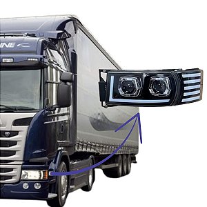 FAROL SCANIA SÉRIE 4/5 PGR ESQUERDO FULL LED C/ PISCA