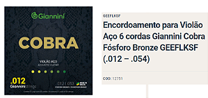 Encordoamento GIANINNI Violão Aço Phospher Bronze 0.12 GEEFLKSF