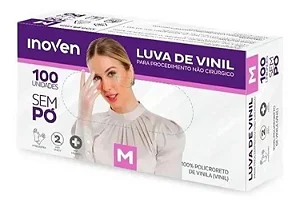 Luva Vinil Sem Pó Tamanho M – Inoven | Uso Geral | Caixa com 100 Unidades