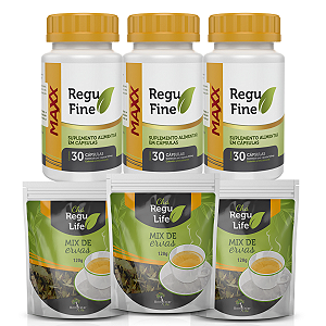 Kit 3 Regu Fine Maxx Termogênico 7x mais potente + 3 Chá Regu Life pacote Bem Estar Life