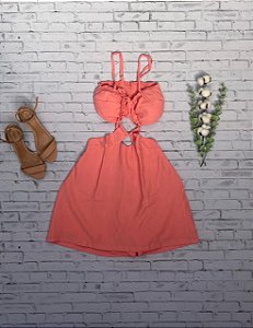 Vestido em Linho Sarjado com Abertura nas Laterais e Shorts por Baixo