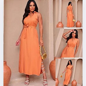 Vestido Longo de Viscolinho com Gola