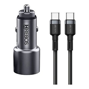 KIT CARREGADOR VEICULAR HREBOS 60W DUAL USB-C COM CABO TIPO C PRATA CRV-203CC