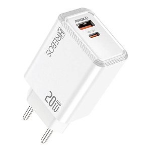 CARREGADOR HREBOS AXION CHARGE 20W USB-A + USB-C BRANCO CRG-264