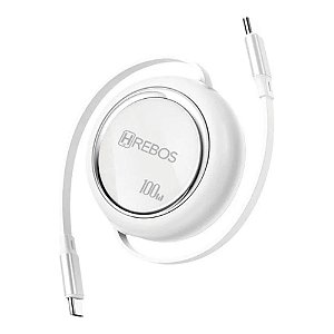 CABO RETRÁTIL HREBOS FAST VORTEX TIPO C PARA TIPO C 100W 1M BRANCO CB-360C