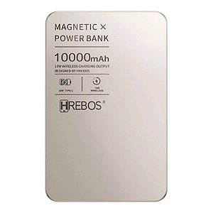 POWER BANK HREBOS TITANIUM 10000MAH 22.5W MAGNÉTICO MAGSAFE CRÔMIO PB-909