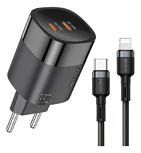 KIT CARREGADOR HREBOS QUANTUM 30W USB-A + USB-C COM CABO LIGHTNING PRETO CRG-224CI