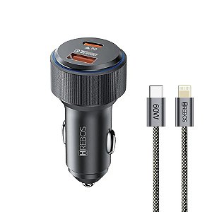 KIT CARREGADOR VEICULAR HREBOS AUTOCHARGE PRO USB-C PD 30W + USB-A QC 18W COM CABO LIGHTNING PRETO CRV-208CI