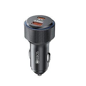 KIT CARREGADOR VEICULAR HREBOS AUTOCHARGE PRO USB-C PD 30W + USB-A QC 18W COM CABO USB-C PRETO CRV-208CC
