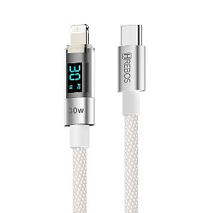 CABO HREBOS TECH LED USB-C X LIGHTNING 30W 1M COM VISOR DE POTÊNCIA BRANCO CB-371I