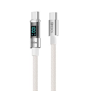 CABO HREBOS TECH LED USB-C X USB-C 100W 1M COM VISOR DE POTÊNCIA BRANCO CB-371C