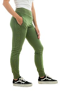 Calça Moletinho com Zíper invisível e Strass nas Laterais