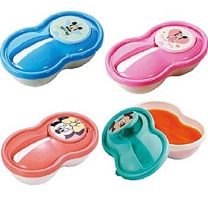 Porta Papinha Baby Minnie Rosa / Baby Mickey Azul / Baby Mickey Azul Tiffany / Mickey Plasútil 320ml - Acompanha Colher