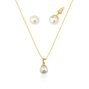 Conjunto de Gargantilha Pingente e Brincos de Pérola 8mm Banhado a Ouro 18k
